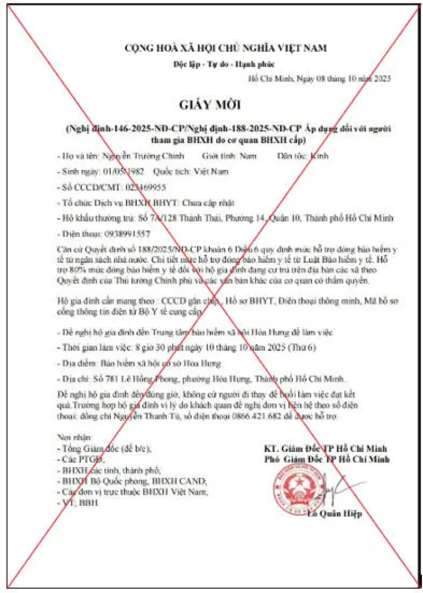 Cảnh báo Giấy mời giả mạo BHXH TP.HCM