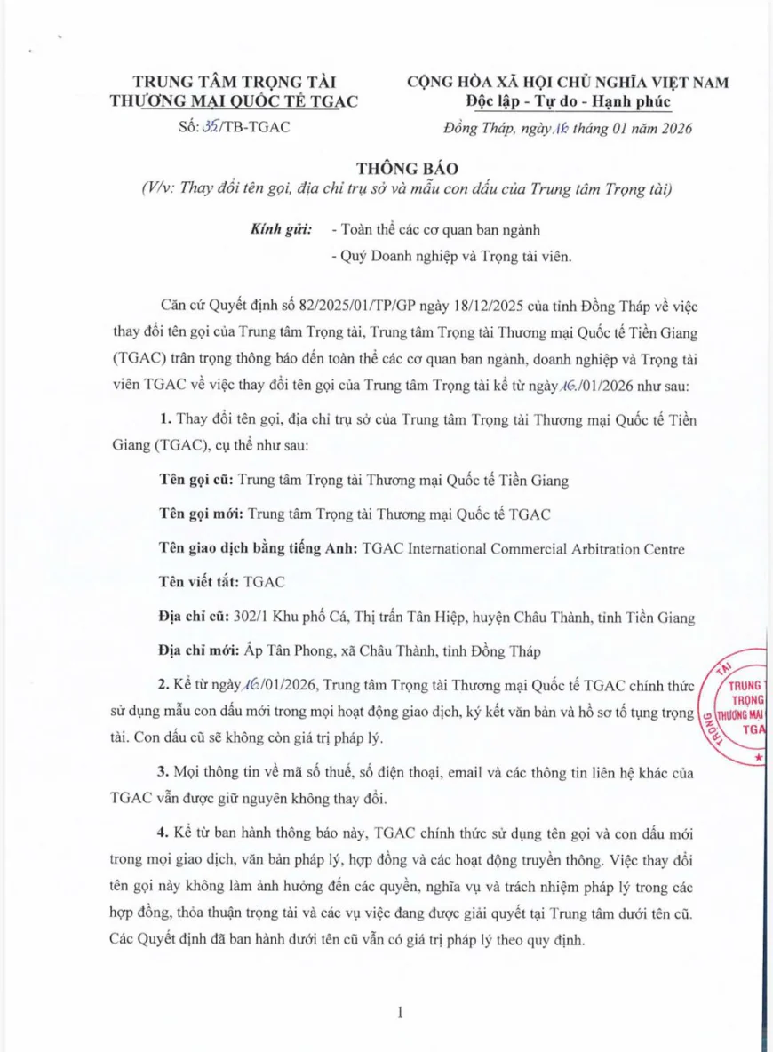 Trung tâm Trọng tài Thương mại Quốc tế Tiền Giang chính thức ban hành Thông báo về việc thay đổi tên gọi